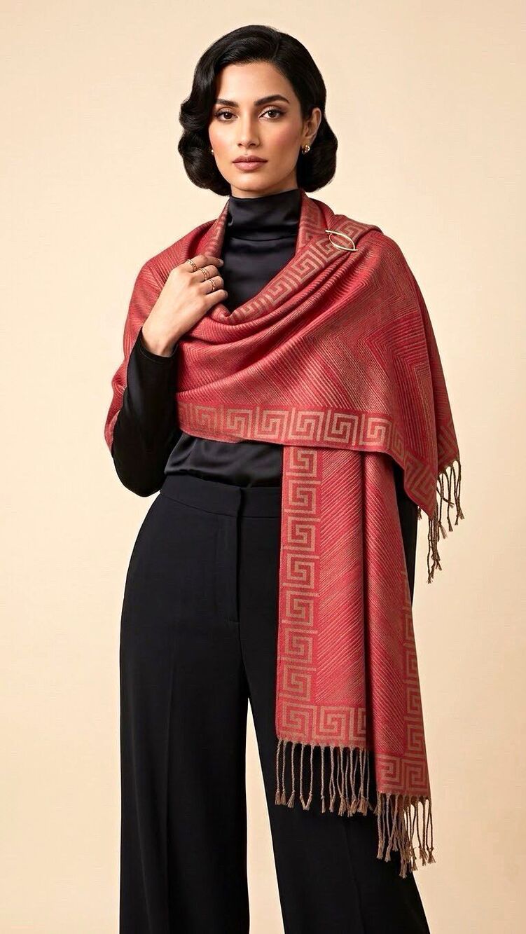 Women’s Pink & Gold Geometric Fringe Shawl Wrap Scarf Viscose/Acrylic 69inx27in